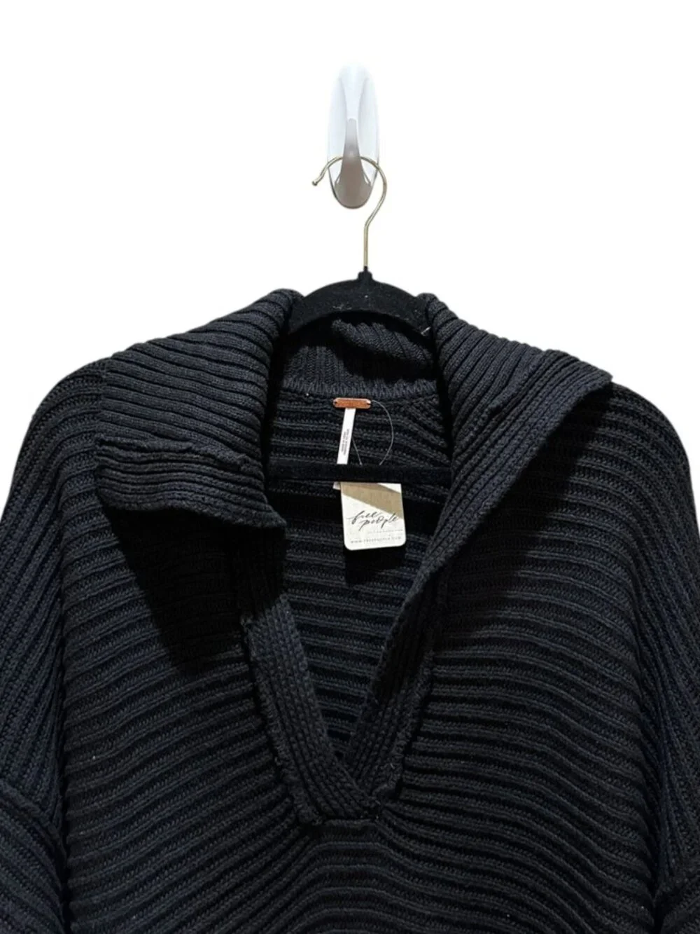 NWT Free People Marlie Black Fringed V-Neck Ribbed Pullover